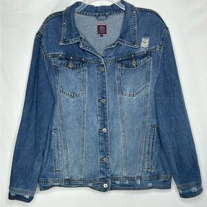 Boom‎ Boom Jean Jacket Distressed Metal Studs Decorative Text On Back Y2K Sz L